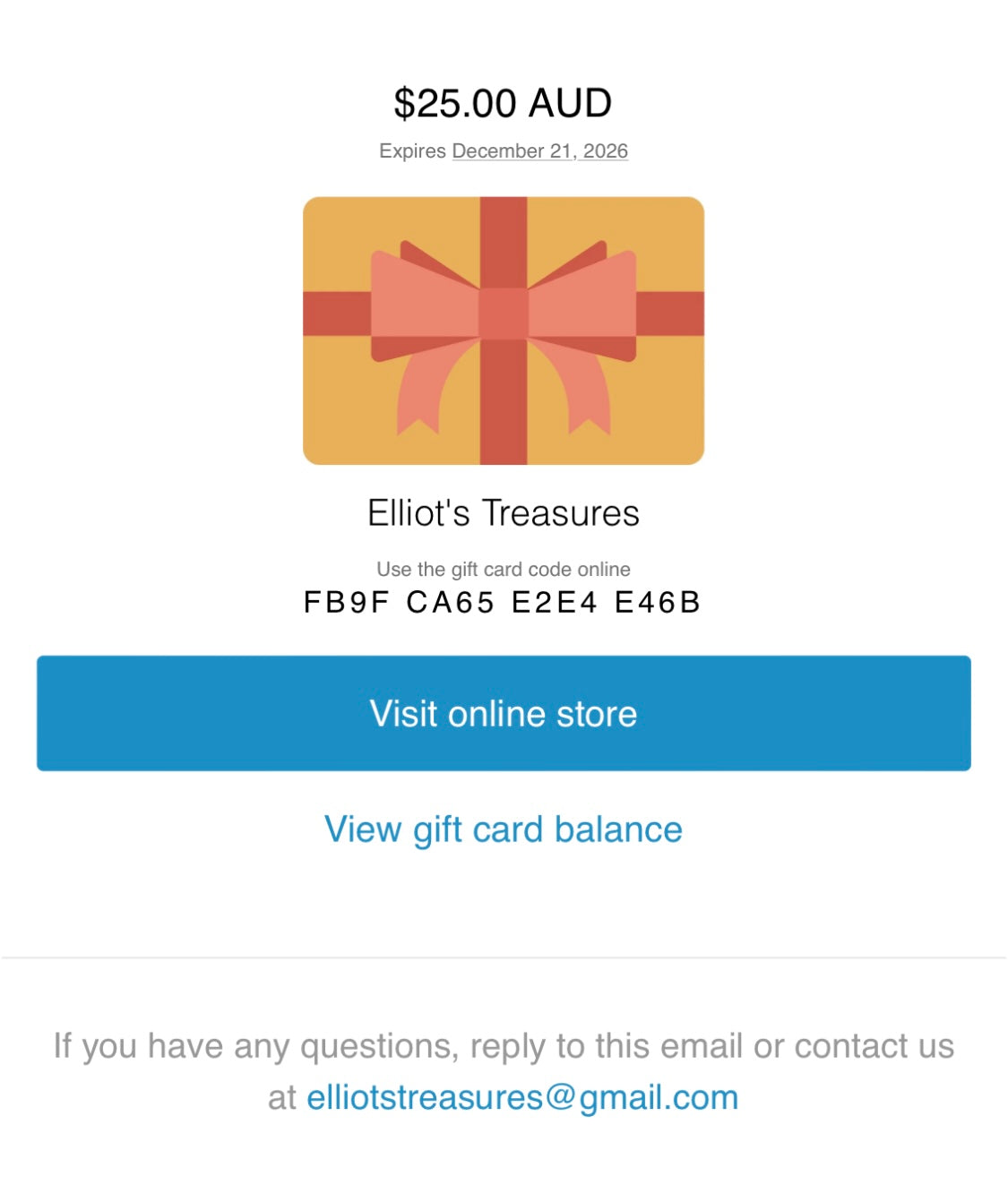 E-Gift Cards from Elliot's Treasures