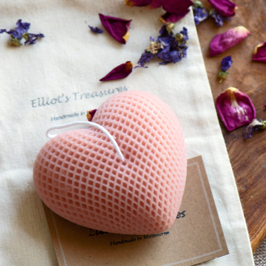 Large Quilted Heart (Light Pink) Beeswax candle