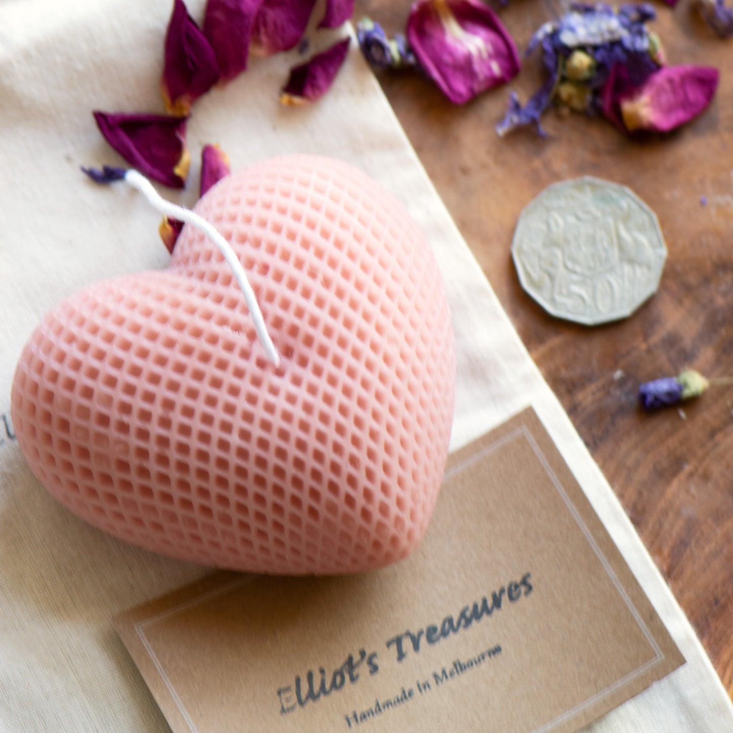 Large Quilted Heart (Light Pink) Beeswax candle