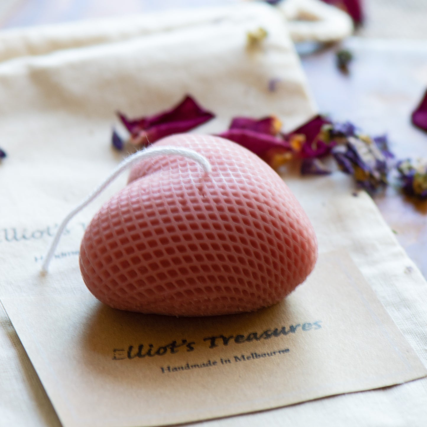 Small Quilted Heart (Rouge Pink) Beeswax Candle