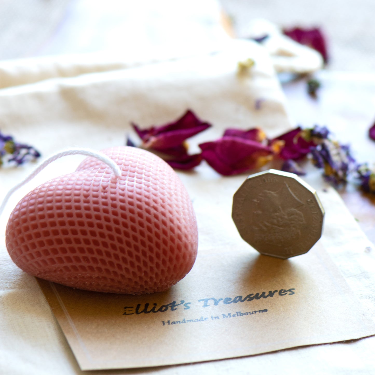 Small Quilted Heart (Rouge Pink) Beeswax Candle