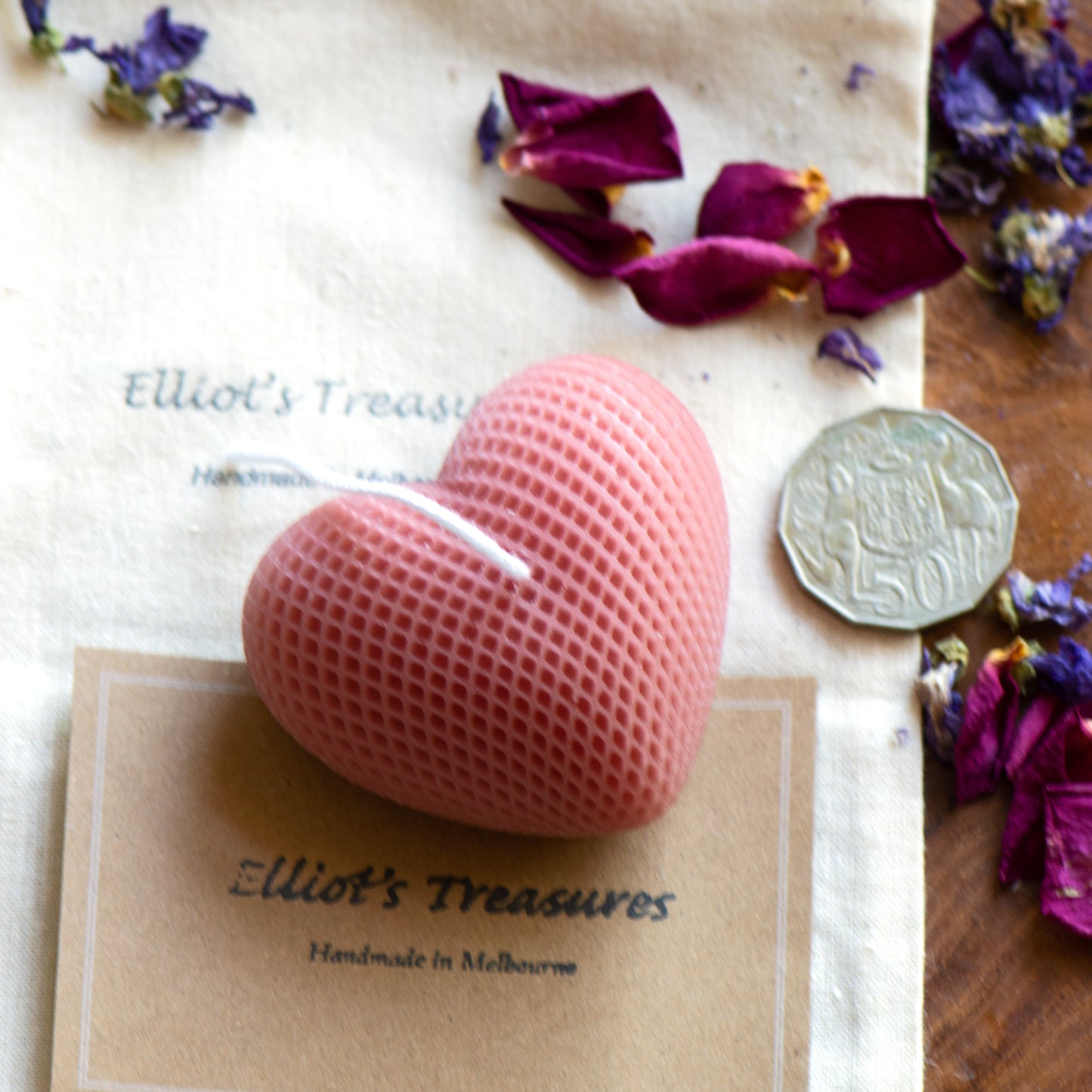 Small Quilted Heart (Rouge Pink) Beeswax Candle